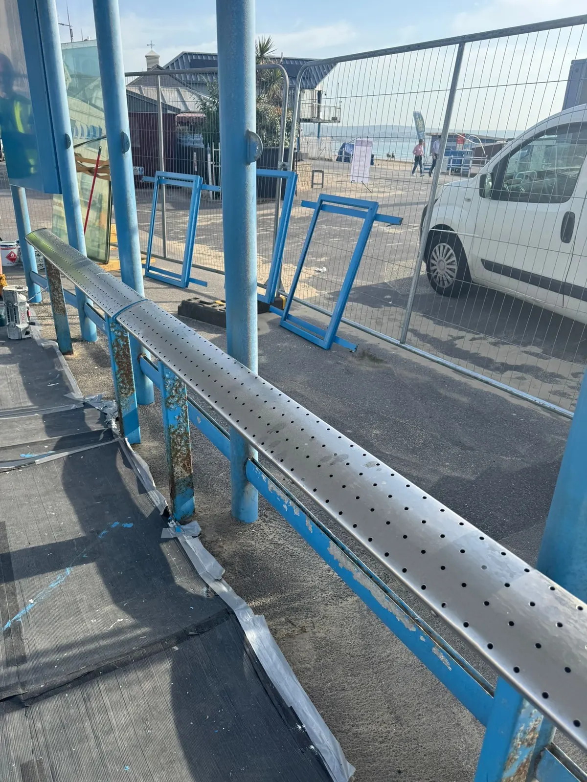Restored blue bus shelter in Weymouth